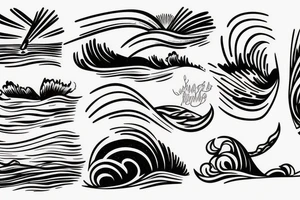 Wave with surf board and sunset tattoo idea