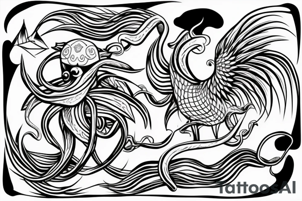 octopus holding a trident over a wave with a swallow, rooster, and pig tattoo idea