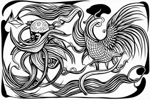 octopus holding a trident over a wave with a swallow, rooster, and pig tattoo idea