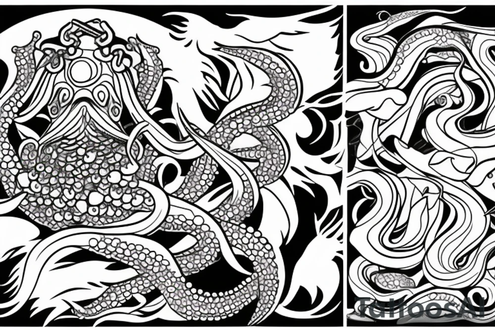 octopus holding a trident over a wave with a swallow, rooster, and pig tattoo idea