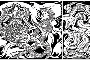 octopus holding a trident over a wave with a swallow, rooster, and pig tattoo idea