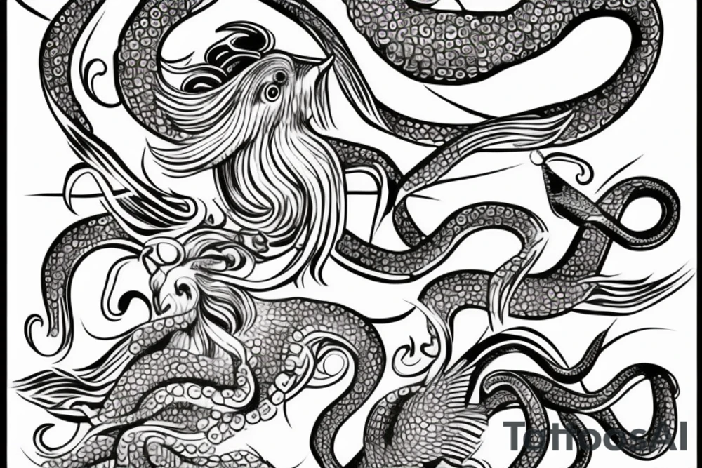 octopus holding a trident over a wave with a swallow, rooster, and pig tattoo idea