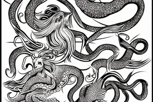 octopus holding a trident over a wave with a swallow, rooster, and pig tattoo idea