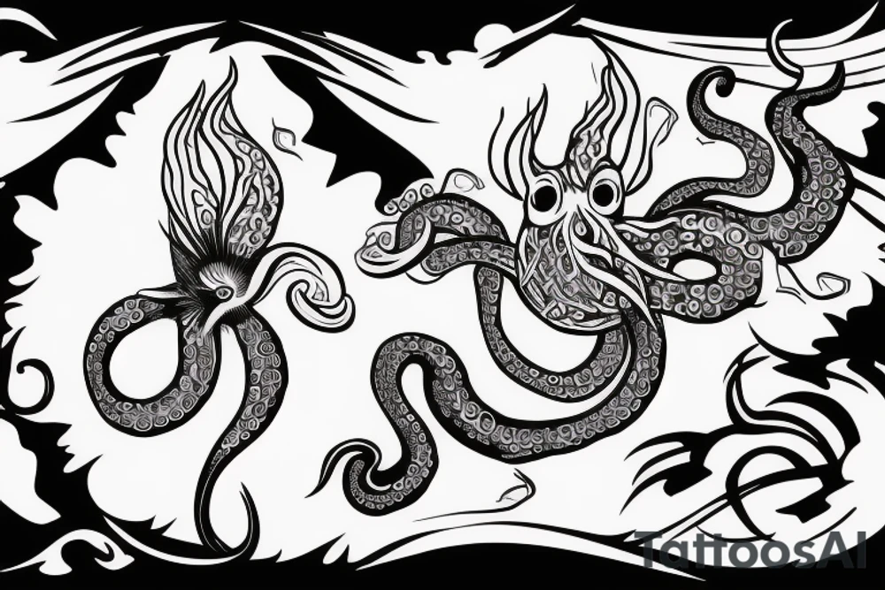 octopus holding a trident over a wave with a swallow, rooster, and pig tattoo idea
