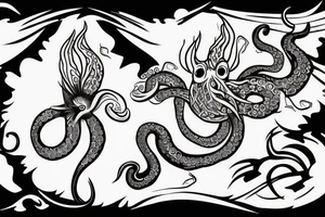 octopus holding a trident over a wave with a swallow, rooster, and pig tattoo idea