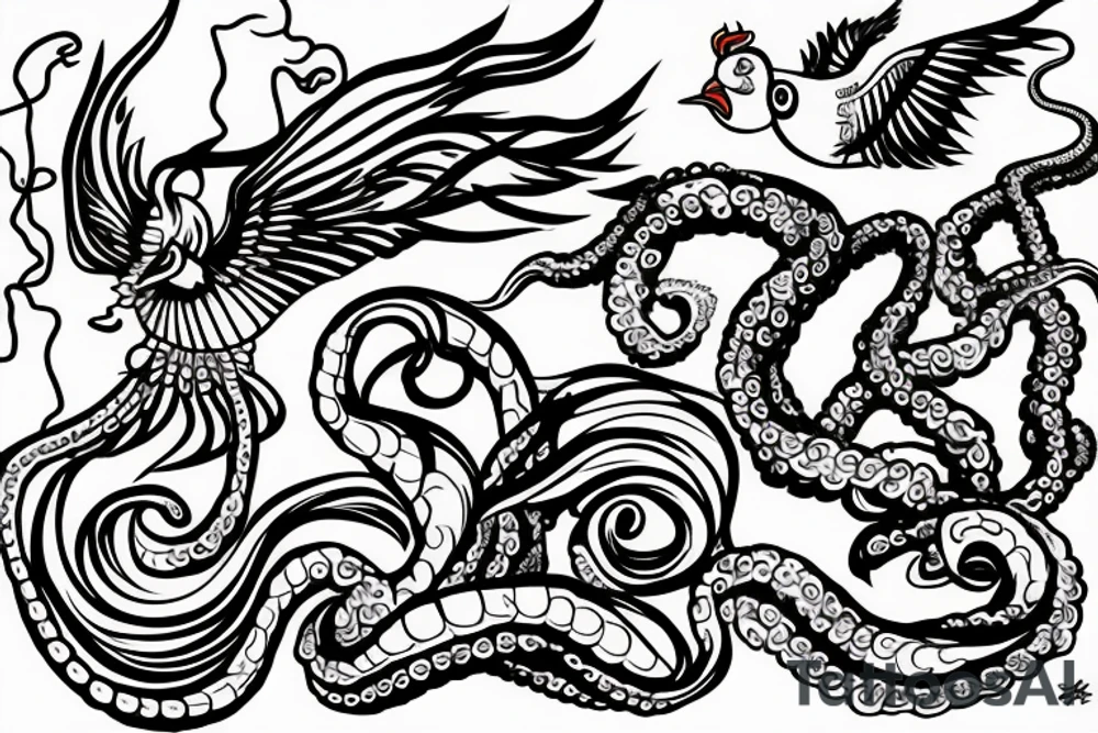 octopus holding a trident over a wave with a swallow, rooster, and pig tattoo idea
