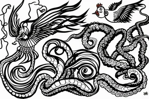 octopus holding a trident over a wave with a swallow, rooster, and pig tattoo idea