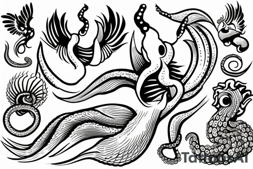 octopus holding a trident over a wave with a swallow, rooster, and pig tattoo idea