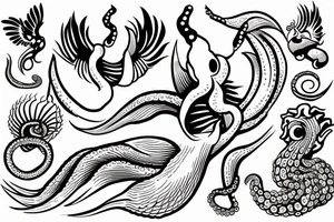octopus holding a trident over a wave with a swallow, rooster, and pig tattoo idea