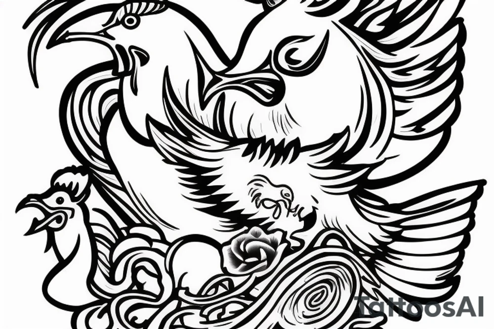 rooster and pig, with a swallow holding a trident over the ocean tattoo idea
