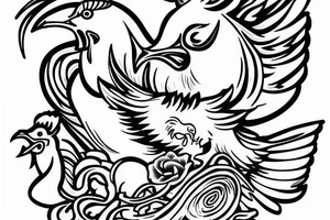 rooster and pig, with a swallow holding a trident over the ocean tattoo idea