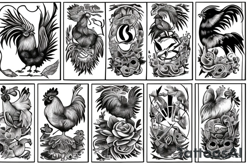 rooster and pig, with a swallow holding a trident over the ocean tattoo idea