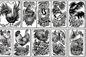 rooster and pig, with a swallow holding a trident over the ocean tattoo idea
