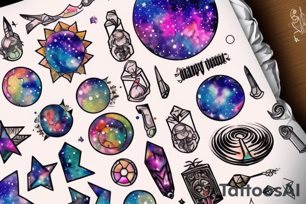 Galaxy, the sun, legend of Zelda, piano tattoo idea