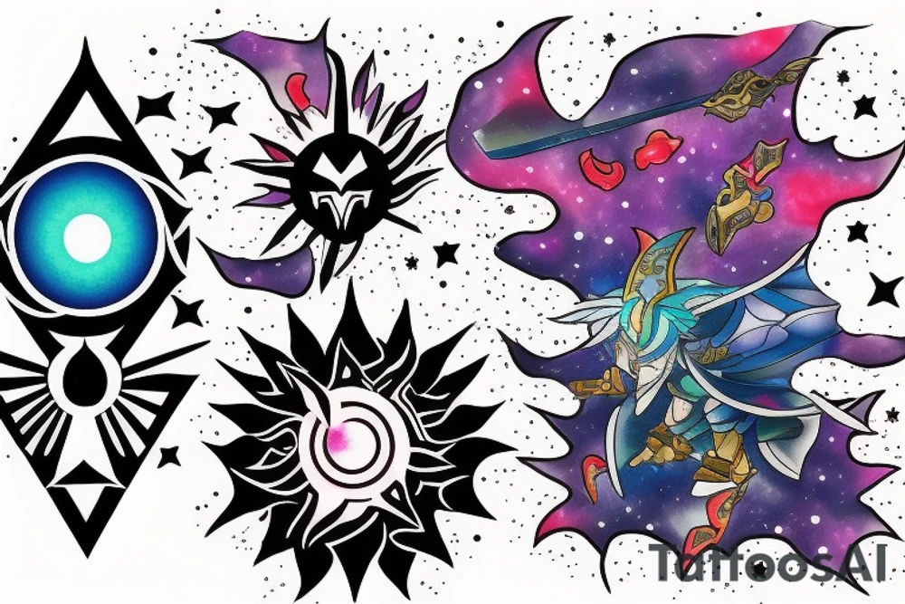 Galaxy, the sun, mastersword from legend of Zelda, synthesizer, branch of cherry blossoms tattoo idea