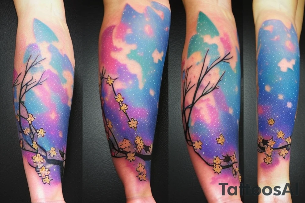 Galaxy, the sun, mastersword from legend of Zelda, synthesizer, branch of cherry blossoms tattoo idea