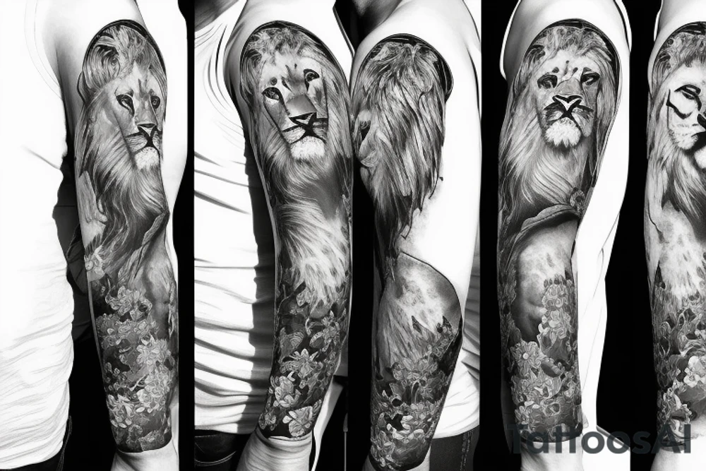 Arm sleeve with lion Jesus portrait and flowers tattoo idea