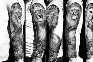 Arm sleeve with lion Jesus portrait and flowers tattoo idea