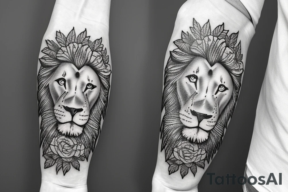 Arm sleeve with lion Jesus portrait and flowers tattoo idea