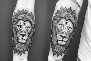 Arm sleeve with lion Jesus portrait and flowers tattoo idea