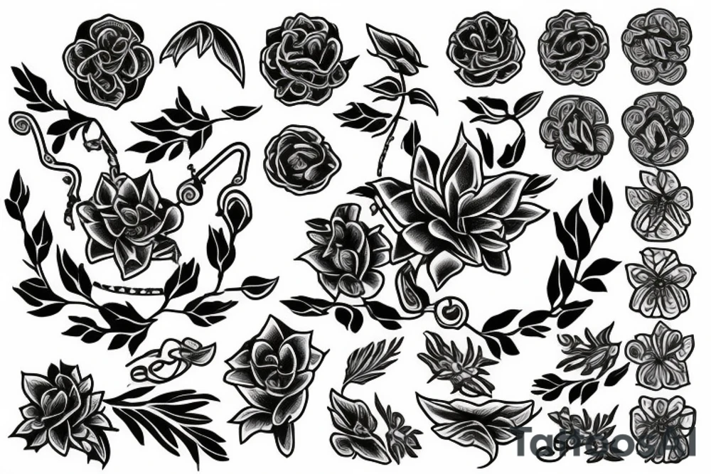 flowers surrounding a rod of asclepius tattoo idea