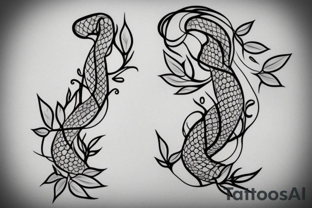 A tattoo stencil for a feminine black and Grey forearm tattoo of a long skinny snake wrapped around a pretty flower with leaves tattoo idea