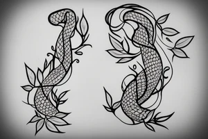 A tattoo stencil for a feminine black and Grey forearm tattoo of a long skinny snake wrapped around a pretty flower with leaves tattoo idea