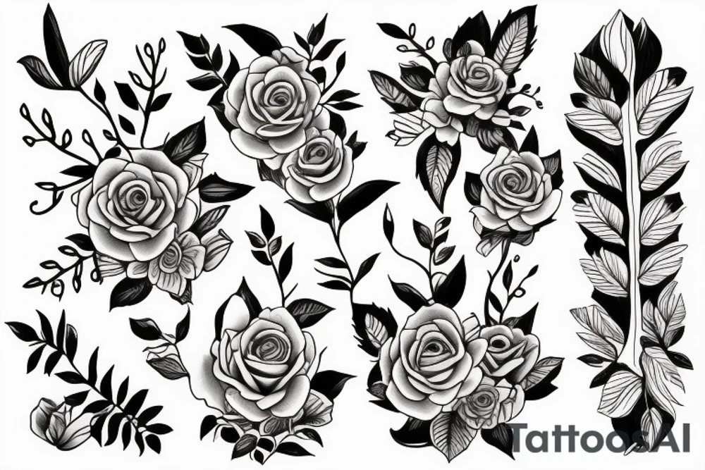A tattoo stencil for a feminine black and Grey forearm tattoo of a long skinny snake wrapped around a pretty flower with leaves tattoo idea