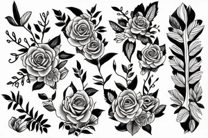 A tattoo stencil for a feminine black and Grey forearm tattoo of a long skinny snake wrapped around a pretty flower with leaves tattoo idea