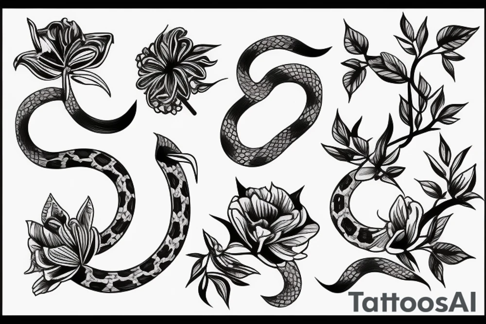 A tattoo stencil for a feminine black and Grey forearm tattoo of a long skinny snake wrapped around a pretty flower with leaves tattoo idea