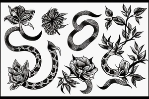 A tattoo stencil for a feminine black and Grey forearm tattoo of a long skinny snake wrapped around a pretty flower with leaves tattoo idea