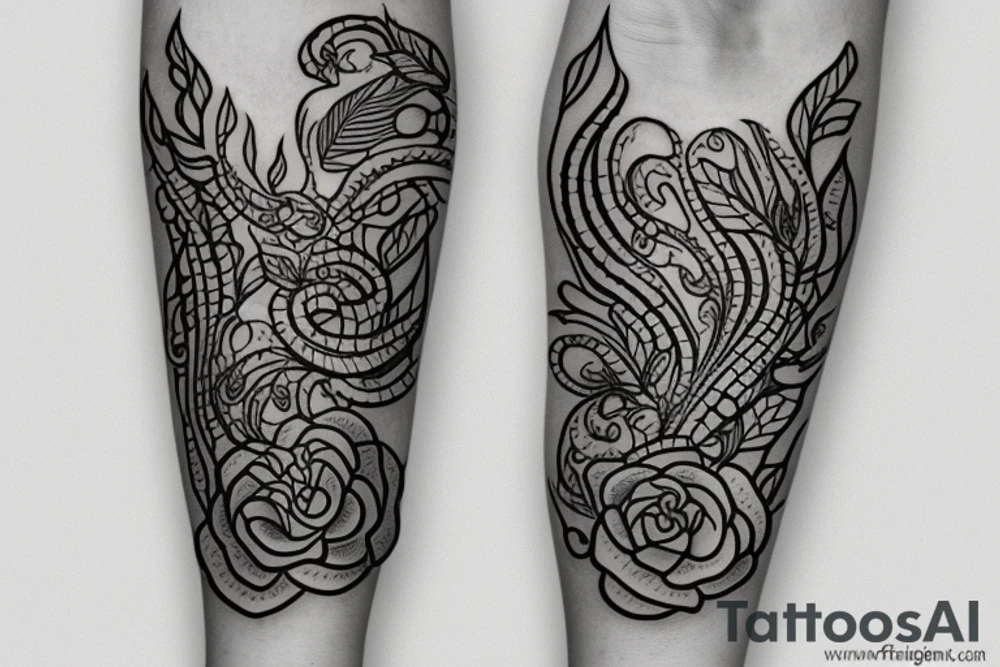 A tattoo stencil for a feminine black and Grey forearm tattoo of a long skinny snake wrapped around a pretty flower with leaves tattoo idea
