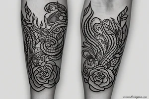 A tattoo stencil for a feminine black and Grey forearm tattoo of a long skinny snake wrapped around a pretty flower with leaves tattoo idea