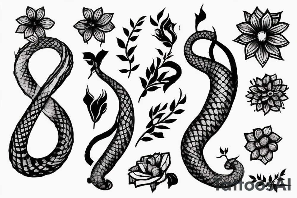 A tattoo stencil for a feminine black and Grey forearm tattoo of a long skinny snake wrapped around a pretty flower with leaves tattoo idea