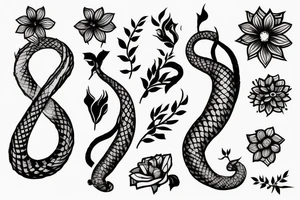 A tattoo stencil for a feminine black and Grey forearm tattoo of a long skinny snake wrapped around a pretty flower with leaves tattoo idea