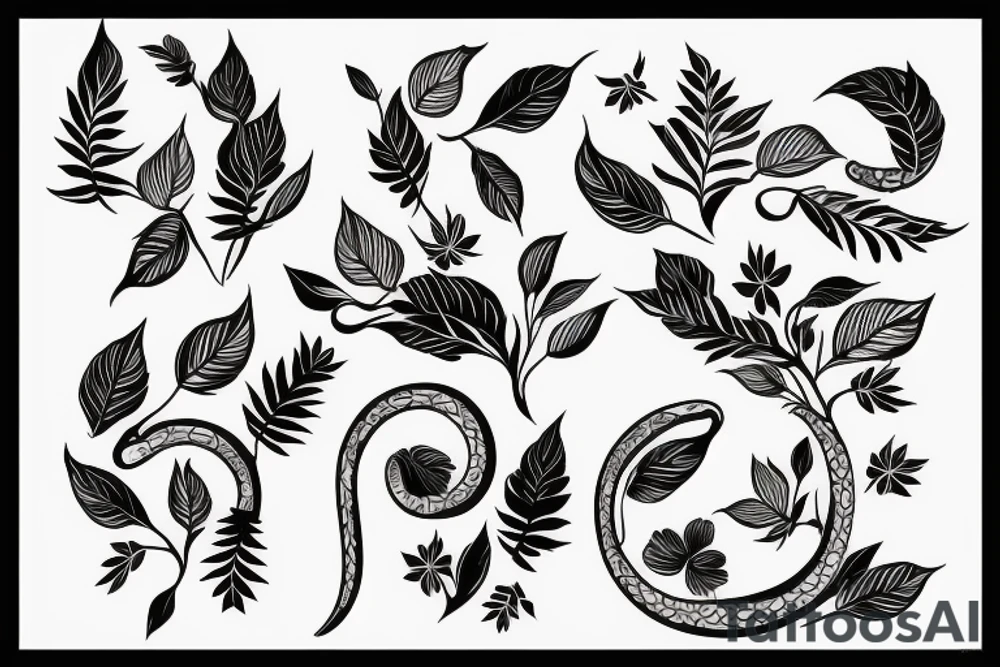 A tattoo stencil for a feminine black and Grey forearm tattoo of a long skinny snake wrapped around a pretty flower with leaves tattoo idea