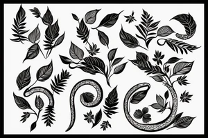 A tattoo stencil for a feminine black and Grey forearm tattoo of a long skinny snake wrapped around a pretty flower with leaves tattoo idea