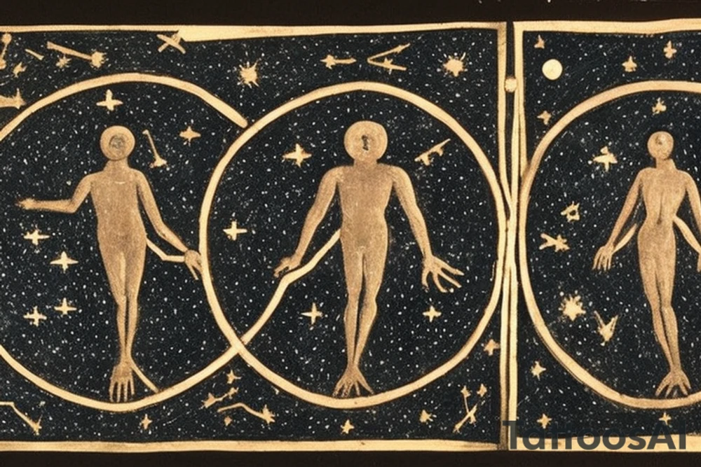 Two hands, one of them coming out of the central-right with the palm facing down, and the other hand coming out of the central-left with the palm facing up. Between the hands, there are three constellations: Orion's Belt, Cassiopeia, and Ursa Major, with only the points and lines that connect them. Also, between the constellations, there is the planet Saturn with a rocket taking off from it. tattoo idea