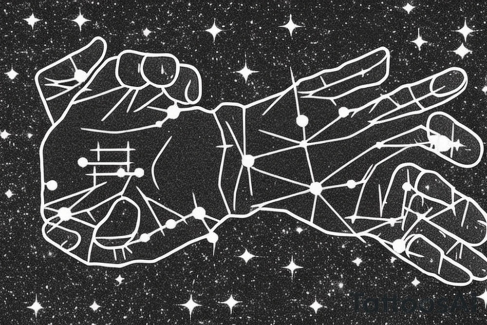 Two hands, one of them coming out of the central-right with the palm facing down, and the other hand coming out of the central-left with the palm facing up. Between the hands, there are three constellations: Orion's Belt, Cassiopeia, and Ursa Major, with only the points and lines that connect them. Also, between the constellations, there is the planet Saturn with a rocket taking off from it. tattoo idea
