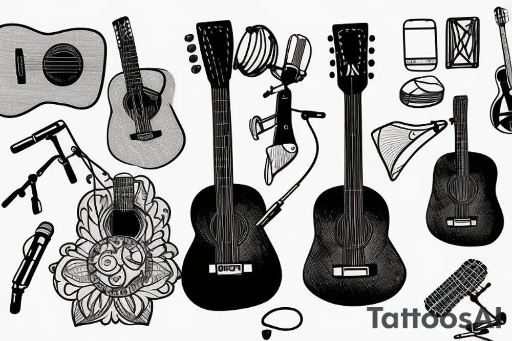 an acoustic guitar with a microphone wrapped around it tattoo idea