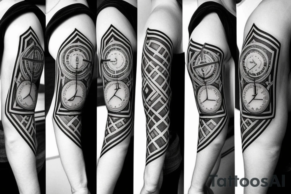 Stop watch, geometrical, cross, compass, full sleeve tattoo idea Stop watch, geometrical, cross, compass, full sleeve tattoo idea