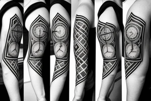 Stop watch, geometrical, cross, compass, full sleeve tattoo idea