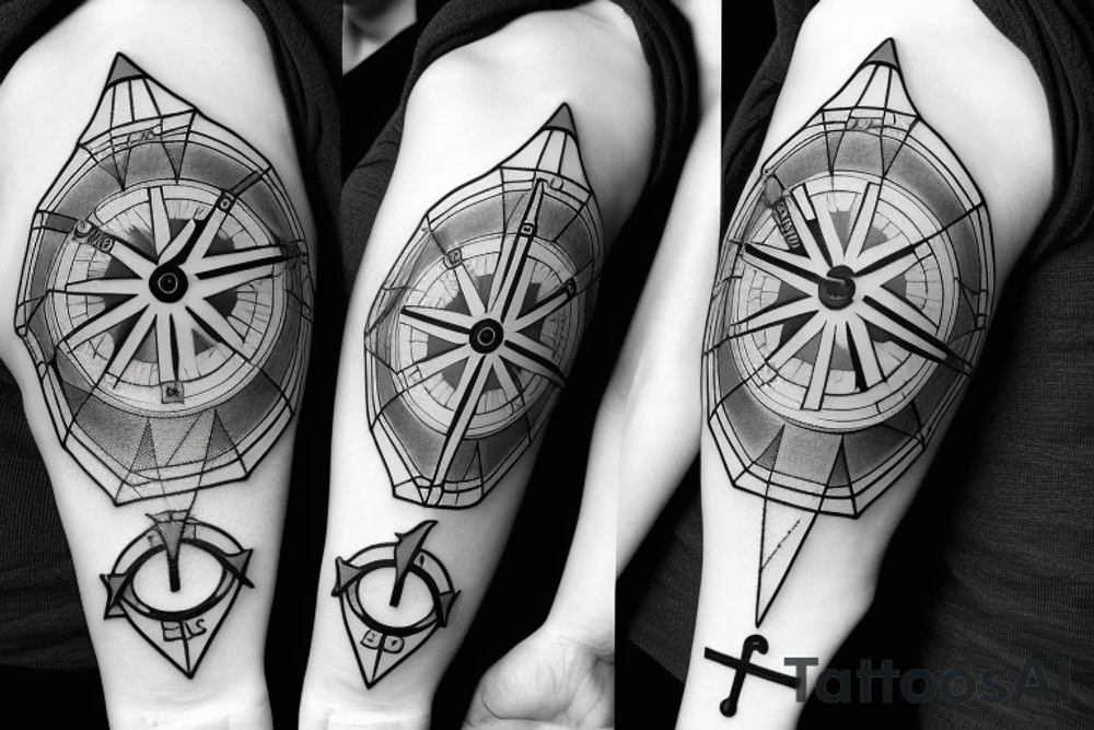 Stop watch, geometrical, cross, compass, full sleeve tattoo idea