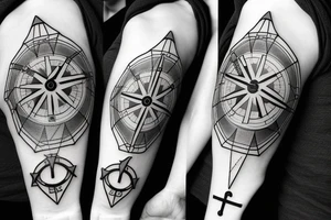 Stop watch, geometrical, cross, compass, full sleeve tattoo idea