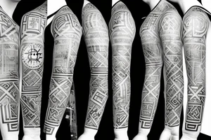 stopwatch, full sleeve, geometric background, cross, and compass tattoo idea