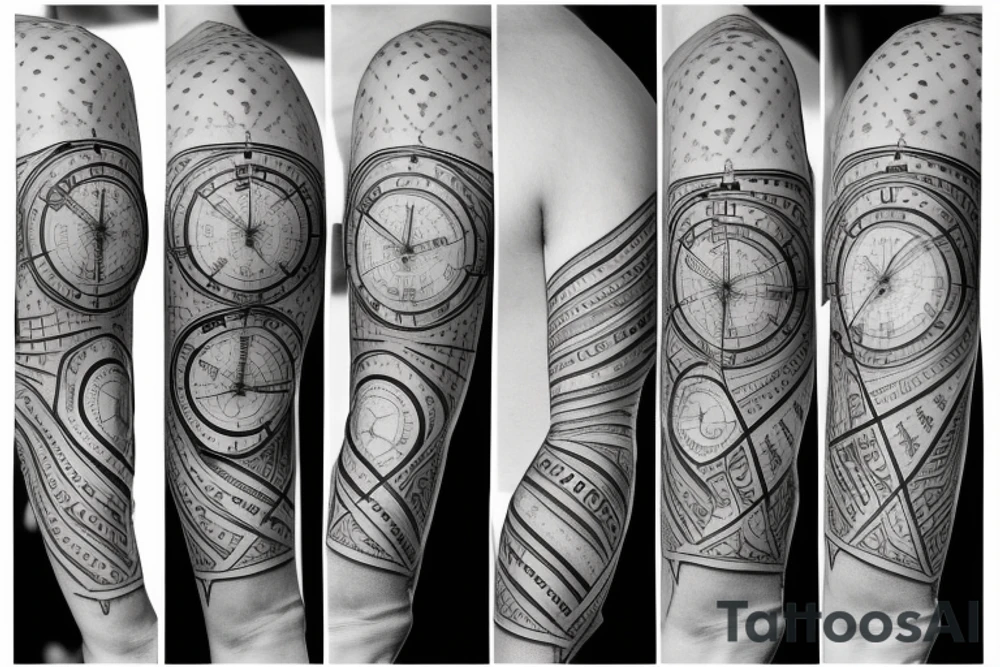 stopwatch, full sleeve, geometric background, cross, and compass tattoo idea stopwatch, full sleeve, geometric background, cross, and compass tattoo idea