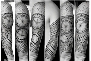 stopwatch, full sleeve, geometric background, cross, and compass tattoo idea