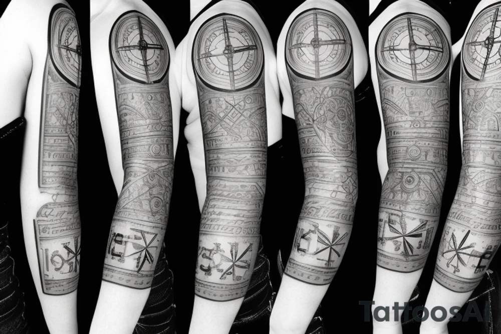 stopwatch, full sleeve, geometric background, cross, and compass tattoo idea stopwatch, full sleeve, geometric background, cross, and compass tattoo idea