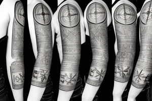 stopwatch, full sleeve, geometric background, cross, and compass tattoo idea