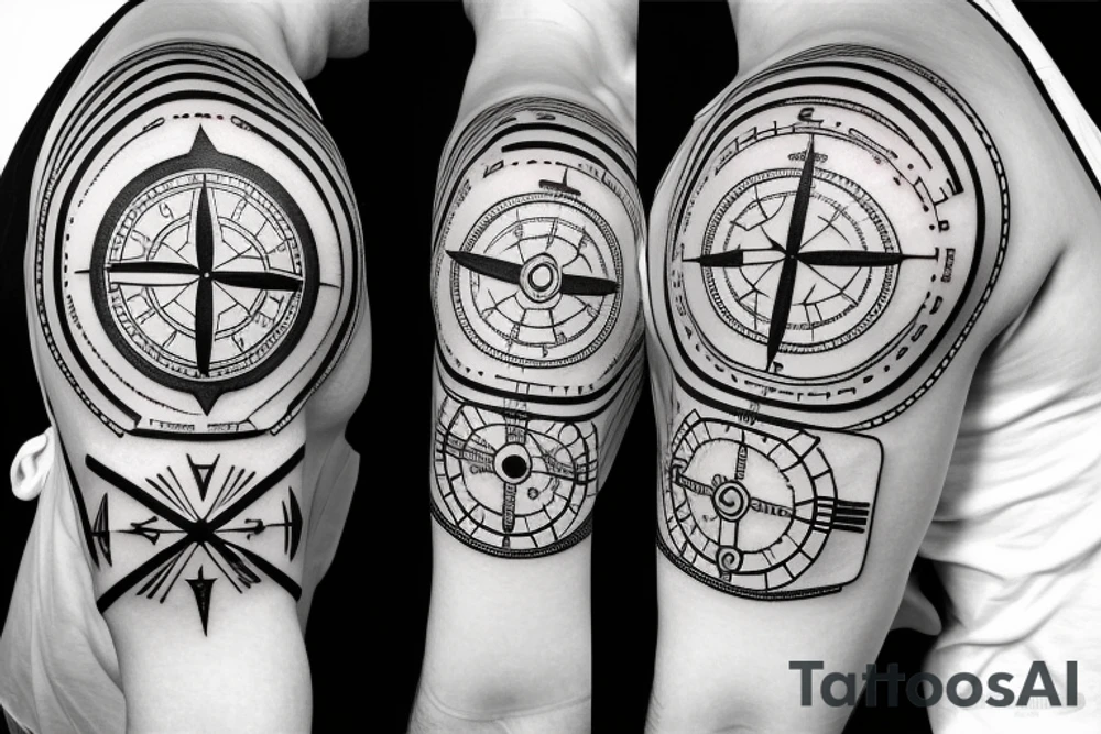 stopwatch, full sleeve, geometric background, cross, and compass tattoo idea stopwatch, full sleeve, geometric background, cross, and compass tattoo idea